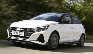 Hyundai i20 being driven in the UK - front tracking 